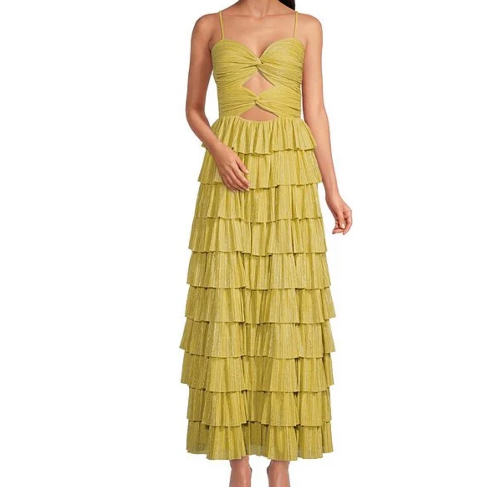 Grace Metallic Plisse Sweetheart Neck Cut-Out Tiered Dress